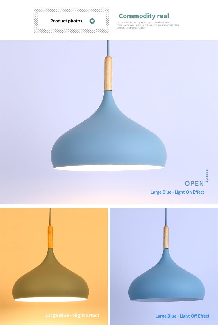 Blue matte-finished Nordic Macaron LED pendant lamp with wooden accent at the top designed for modern interior lighting.