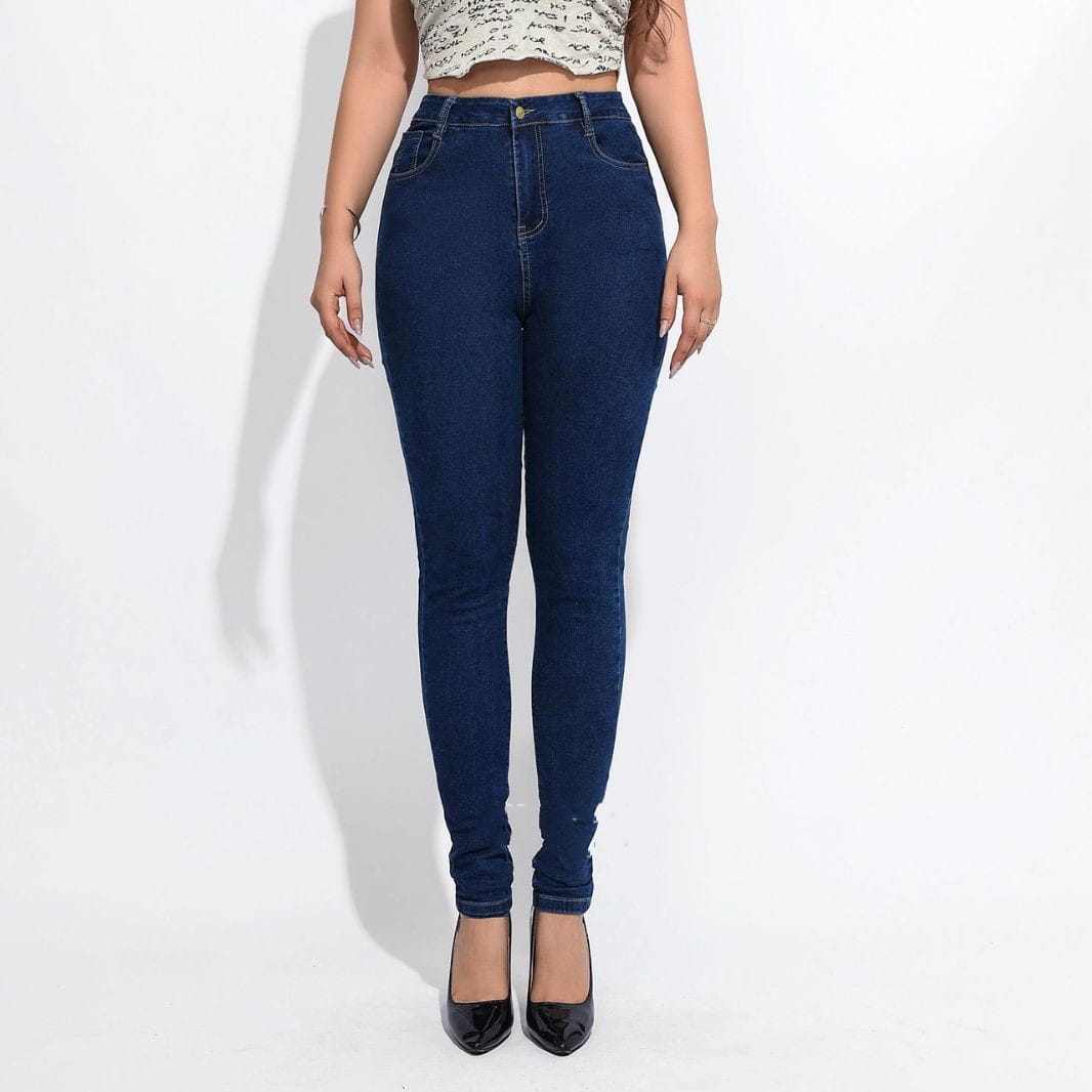 Dark blue high waist stretch skinny jeans made of denim with a slim fit.