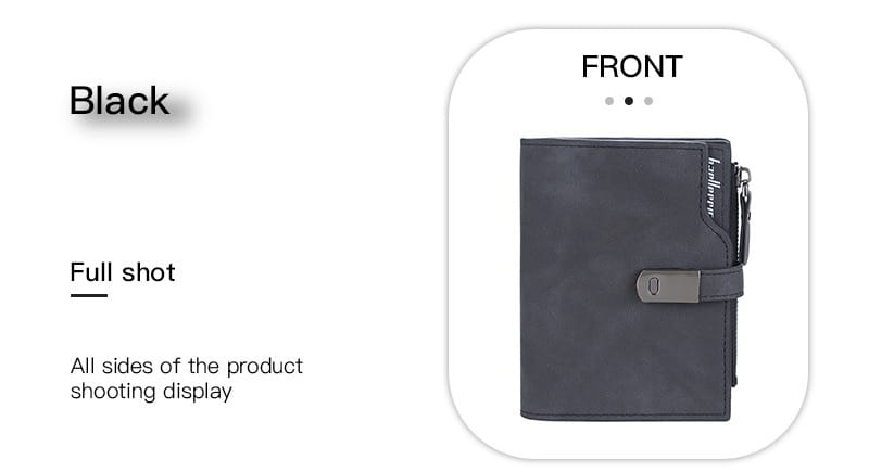Black leather womens short faux leather multi slot wallet with silver toned metal clasp and zipper pull.