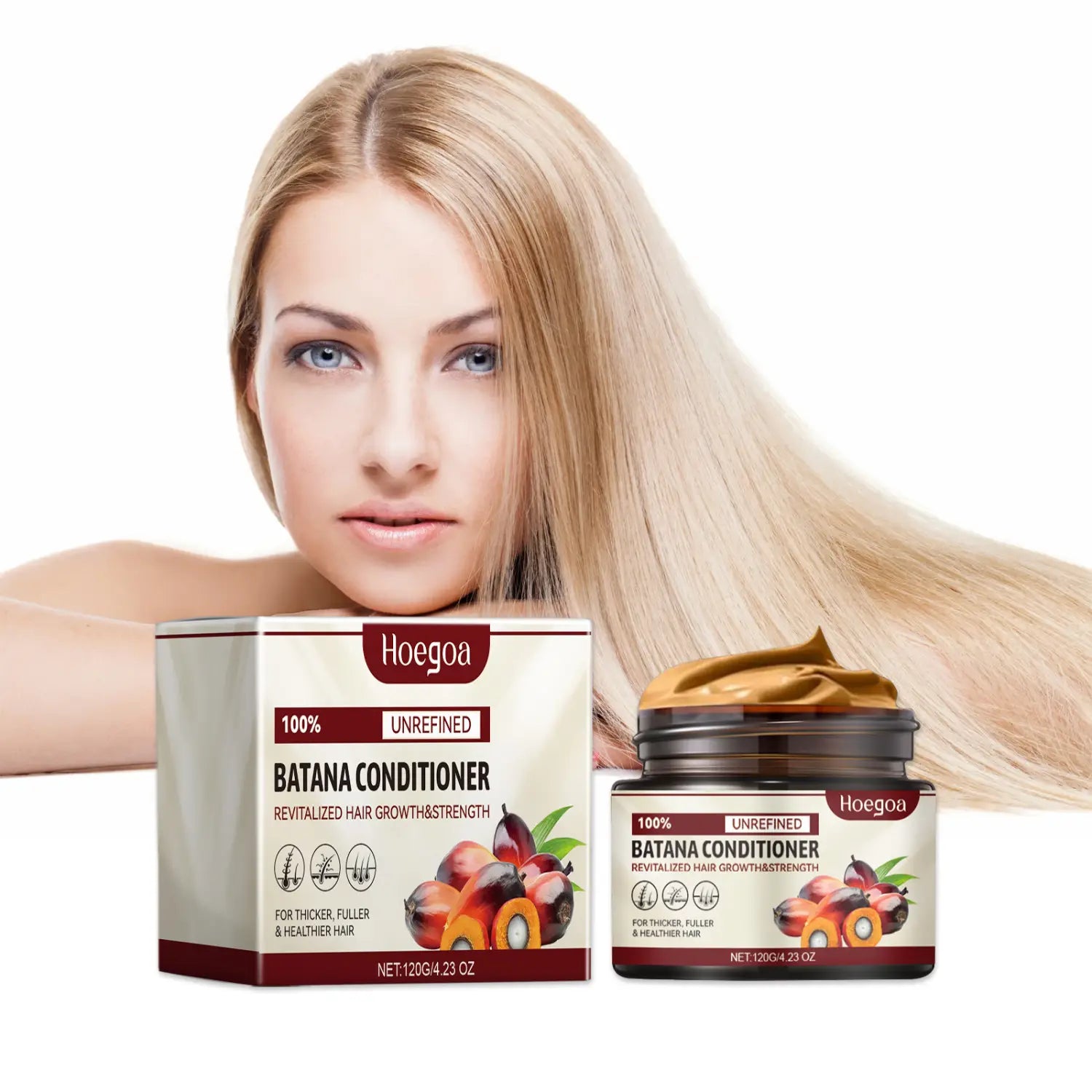 Hoegoa Batana-Keratin-Glättende Haarspülung, 120 g, in einem dunklen Glas mit beigem Etikett und passender Umverpackung mit einer Illustration der Batana-Frucht.