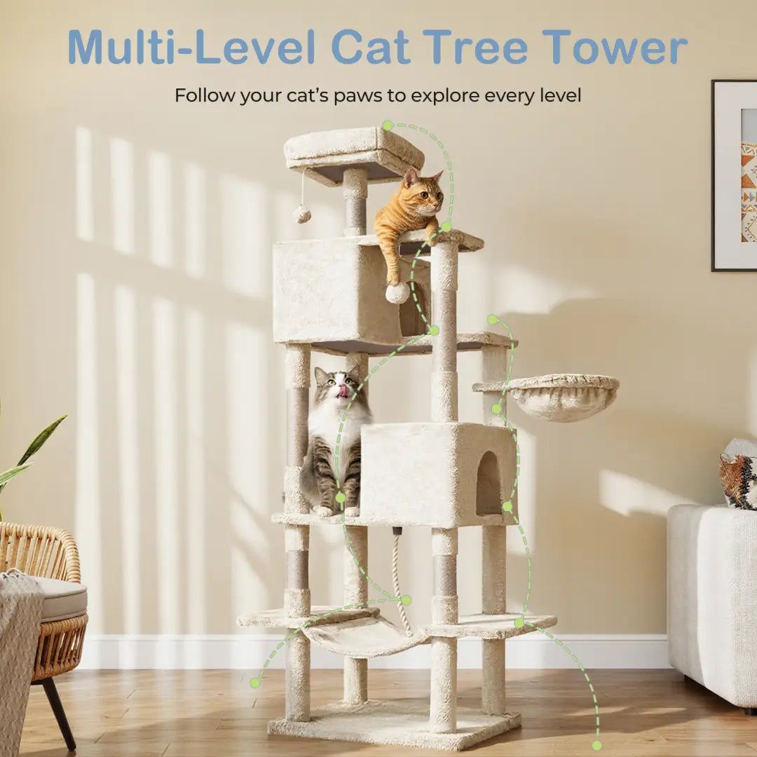 beige multi-level 66 inch multi-cat tree tower and condo featuring scratching posts and platforms for cat entertainment and comfort
