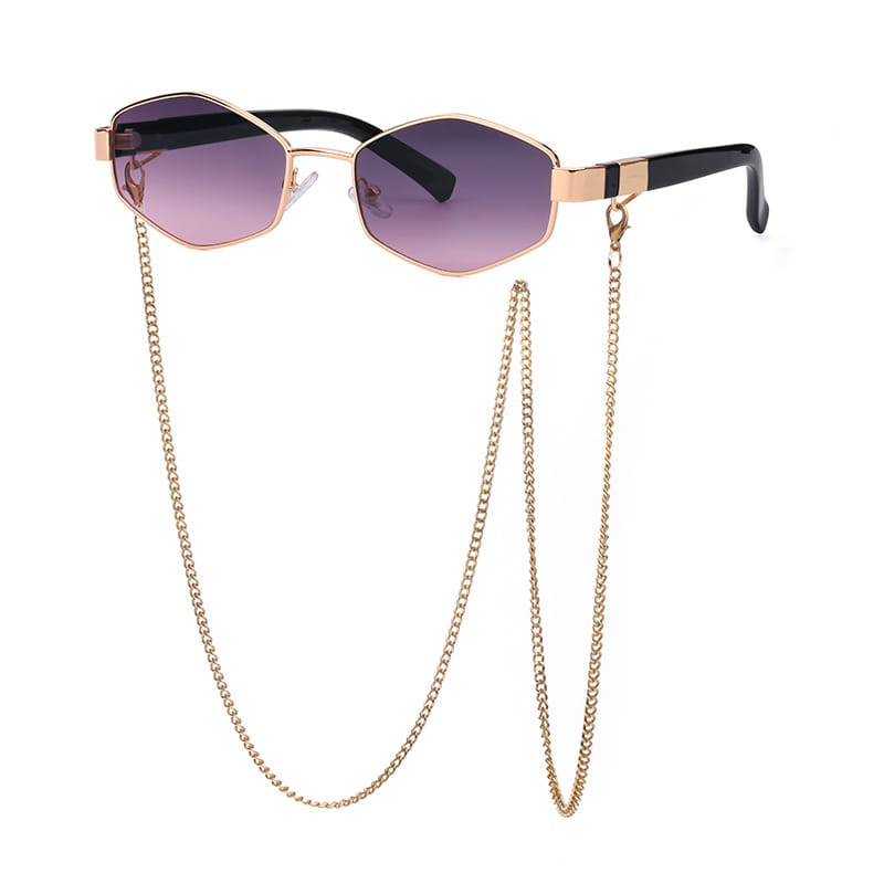 Women’s octagonal sunglasses with gold-toned frames, gradient purple lenses, black temple arms, and a matching gold chain accent.