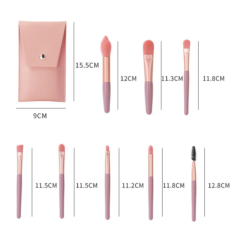 Makeup brush set with 8 pieces featuring pink brushes with rose gold accents and a matching pink leather case.