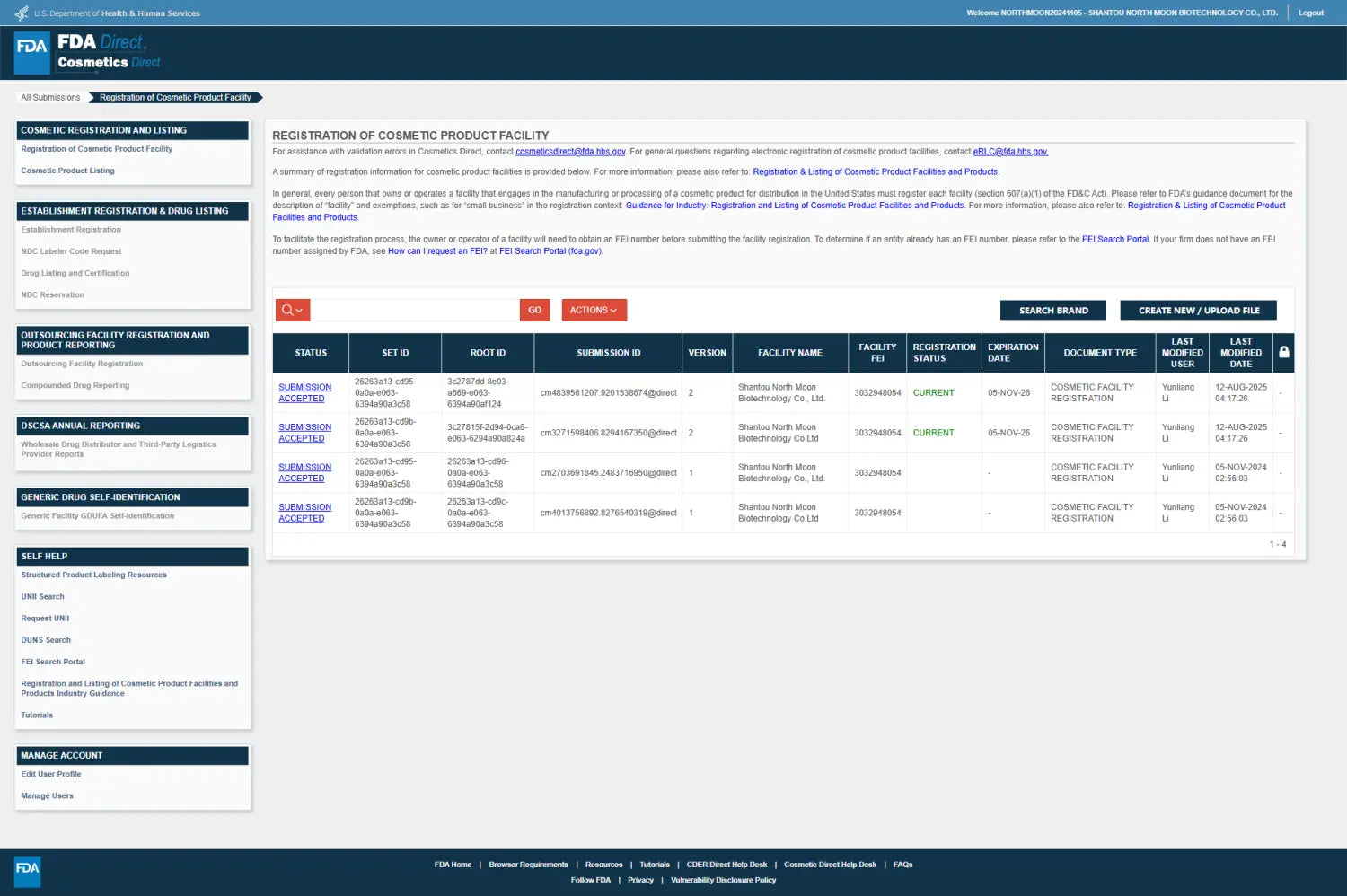Webseite zur Registrierung und Auflistung von FDA-kosmetischen Produktstätten, die eine Tabelle registrierter kosmetischer Einrichtungen mit Angaben für den Verzögerungsspray für Männer zur Steigerung der Ausdauer und Sensibilität, 30 ml, anzeigt.