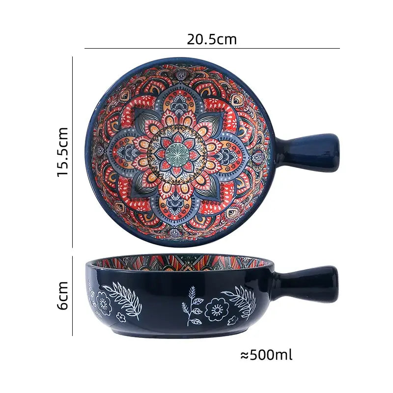 A ceramic mandala serving bowl hand painted with vibrant reds oranges and blues on the interior and delicate white floral motifs on the exterior with a 400ml capacity.