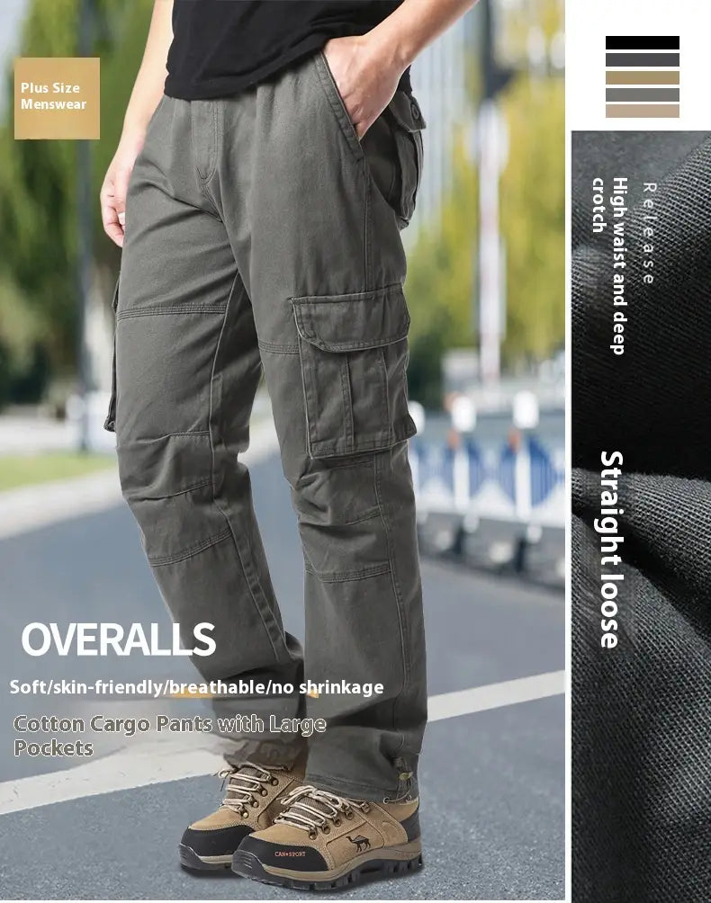Pantalones cargo de algodón para hombre color verde oliva, con grandes bolsillos múltiples y corte recto y holgado.