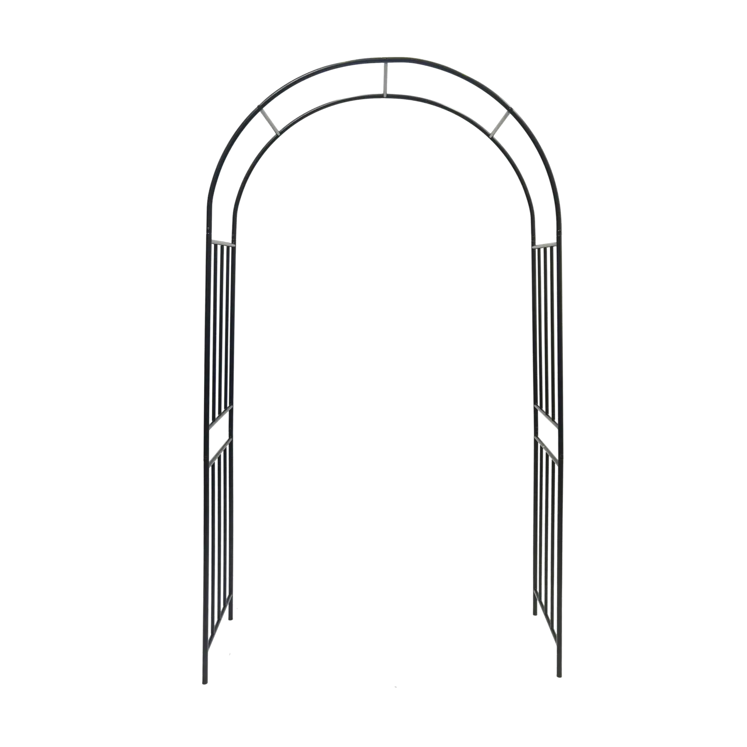 Silver metal garden arch with arched top and vertical slats designed as a black wrought iron rose arbor.