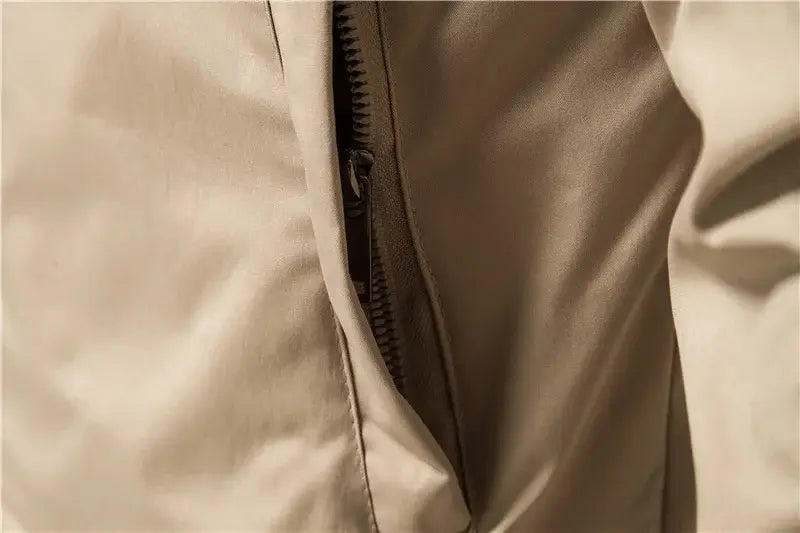 Men’s bomber jacket casual zip outerwear in beige nylon with a black zipper.