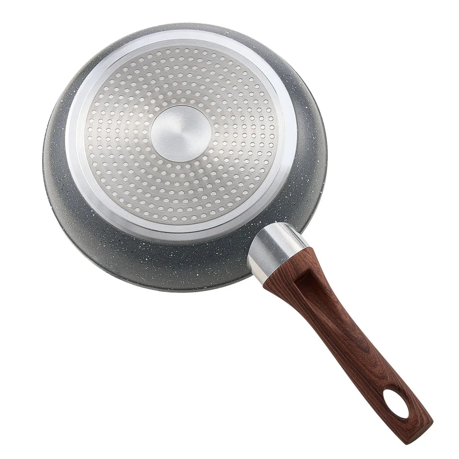 Black speckled nonstick aluminum frying pan with wooden handle and stainless steel accents from a 3 piece cookware set.