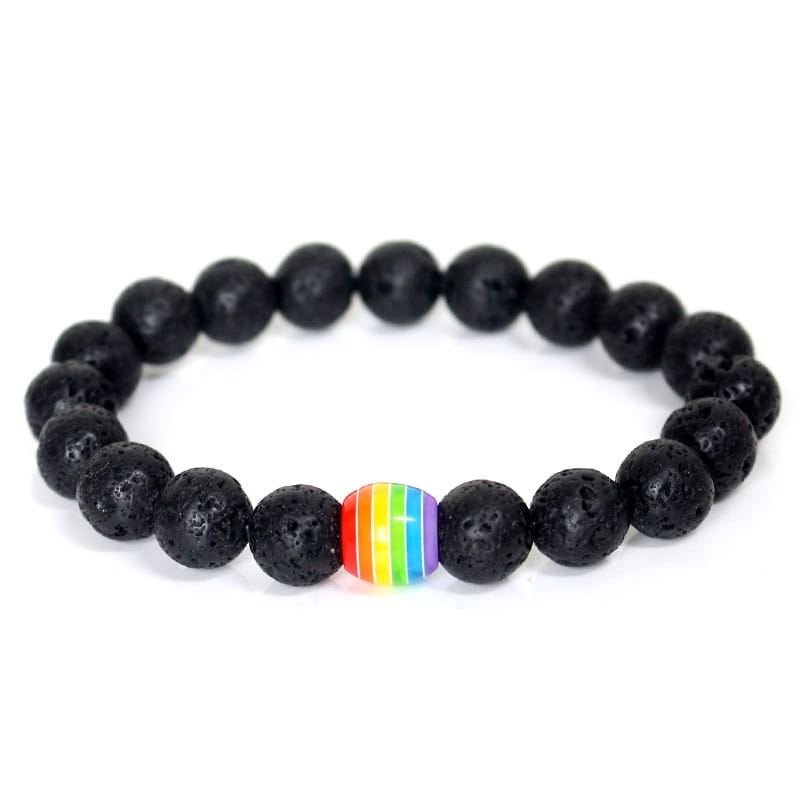 Black lava stone bracelet featuring a single rainbow-colored bead as a natural stone rainbow pride accent bead bracelet.