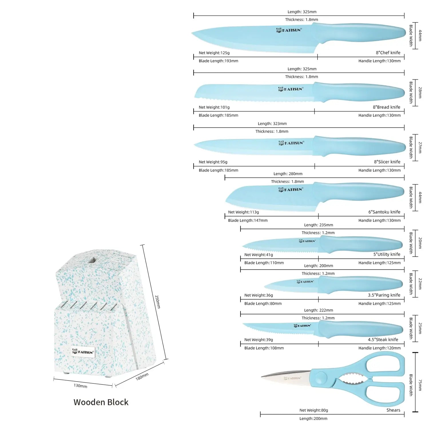 Light blue ceramic 14 piece stainless steel knife set with matching shears and a speckled white wooden block for storage.