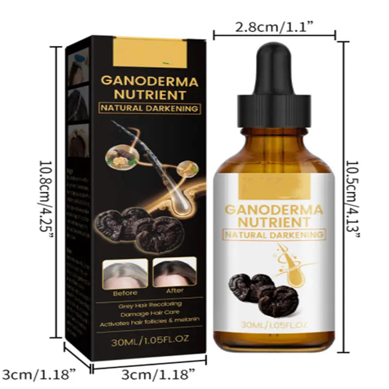 Flacon en verre ambré avec bouchon compte-gouttes noir et étiquette blanche présentant un texte « ganoderma nutrient natural darkening » à côté de baies foncées pour un traitement de lotion capillaire « ganoderma hair darkening » de nutriments, 30 ml.