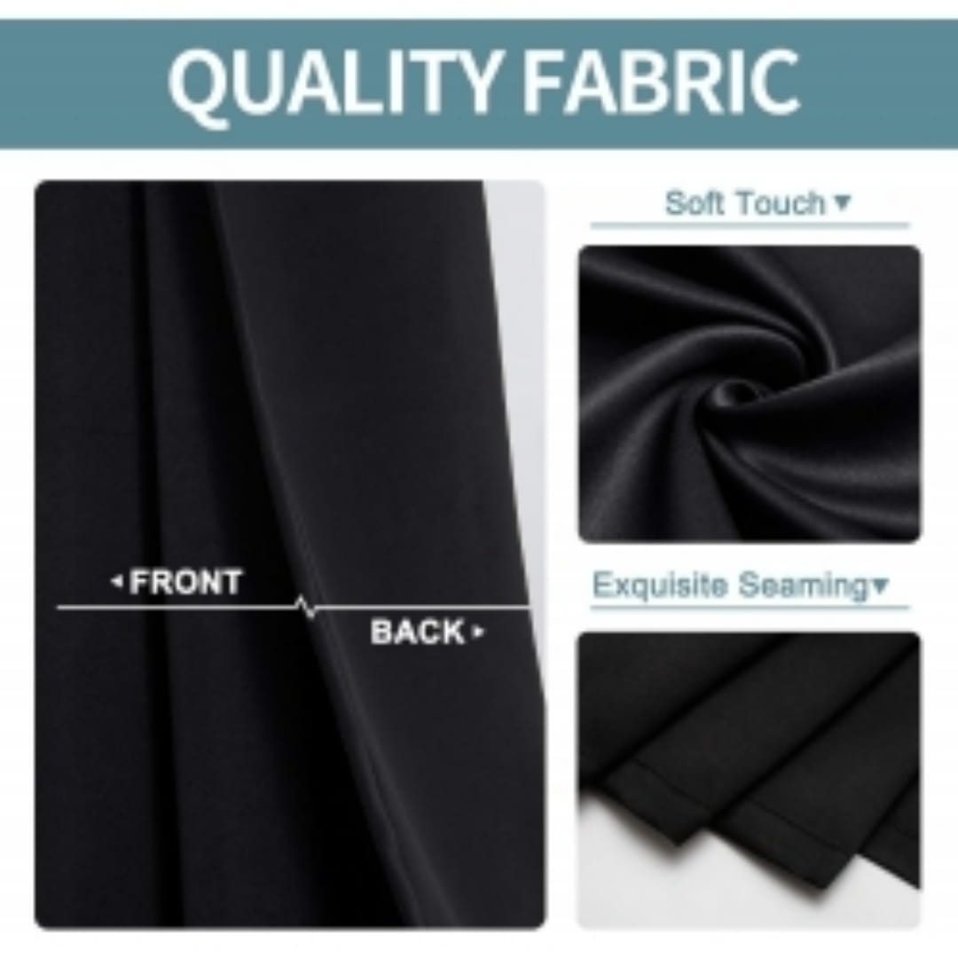 Black fabric with a soft smooth texture and precise seaming on blackout curtains 3 layer grommet pair 132cm x 114cm.