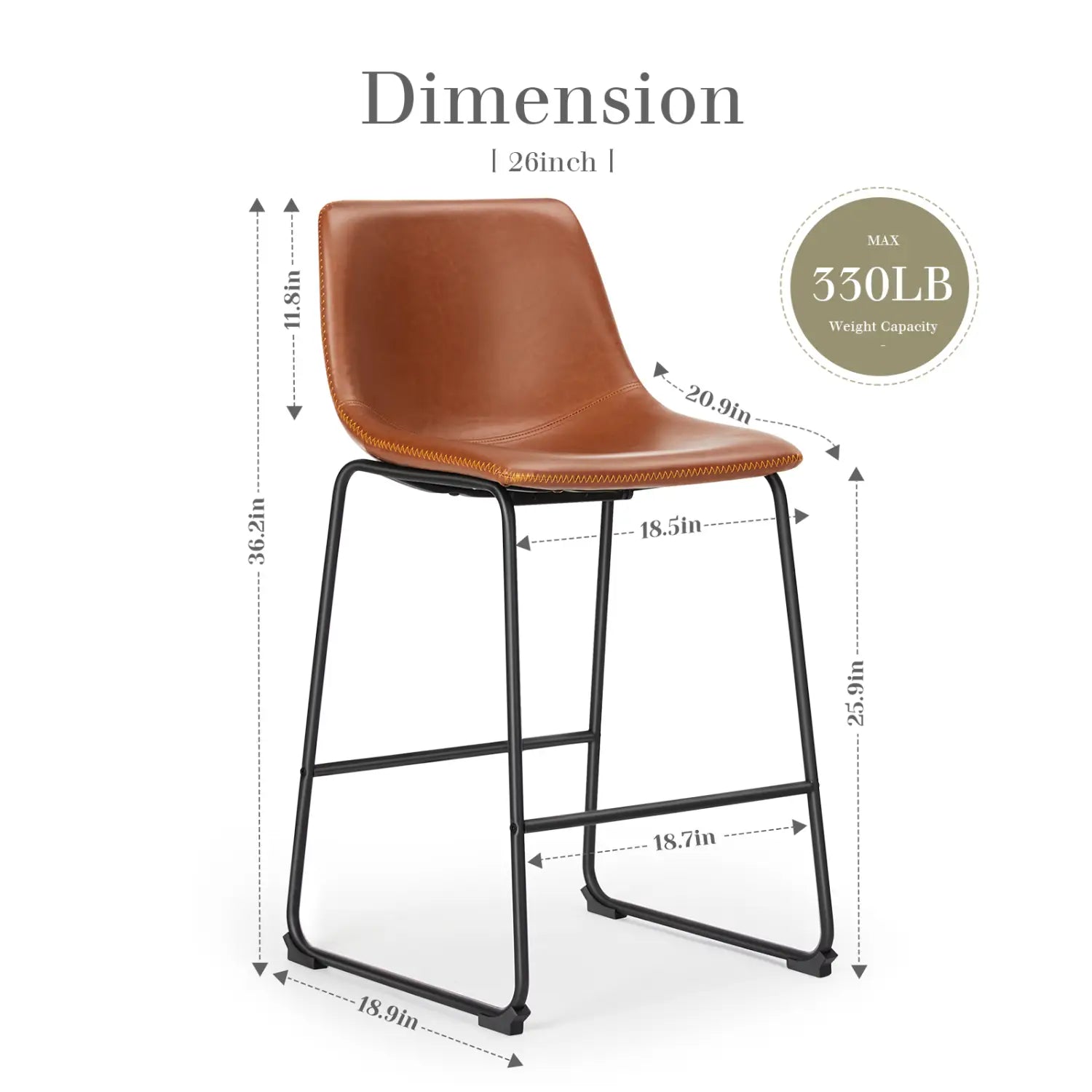 Tabouret de bar en cuir marron avec cadre métallique noir, faisant partie d’un ensemble de 2 chaises de comptoir de style milieu du siècle.