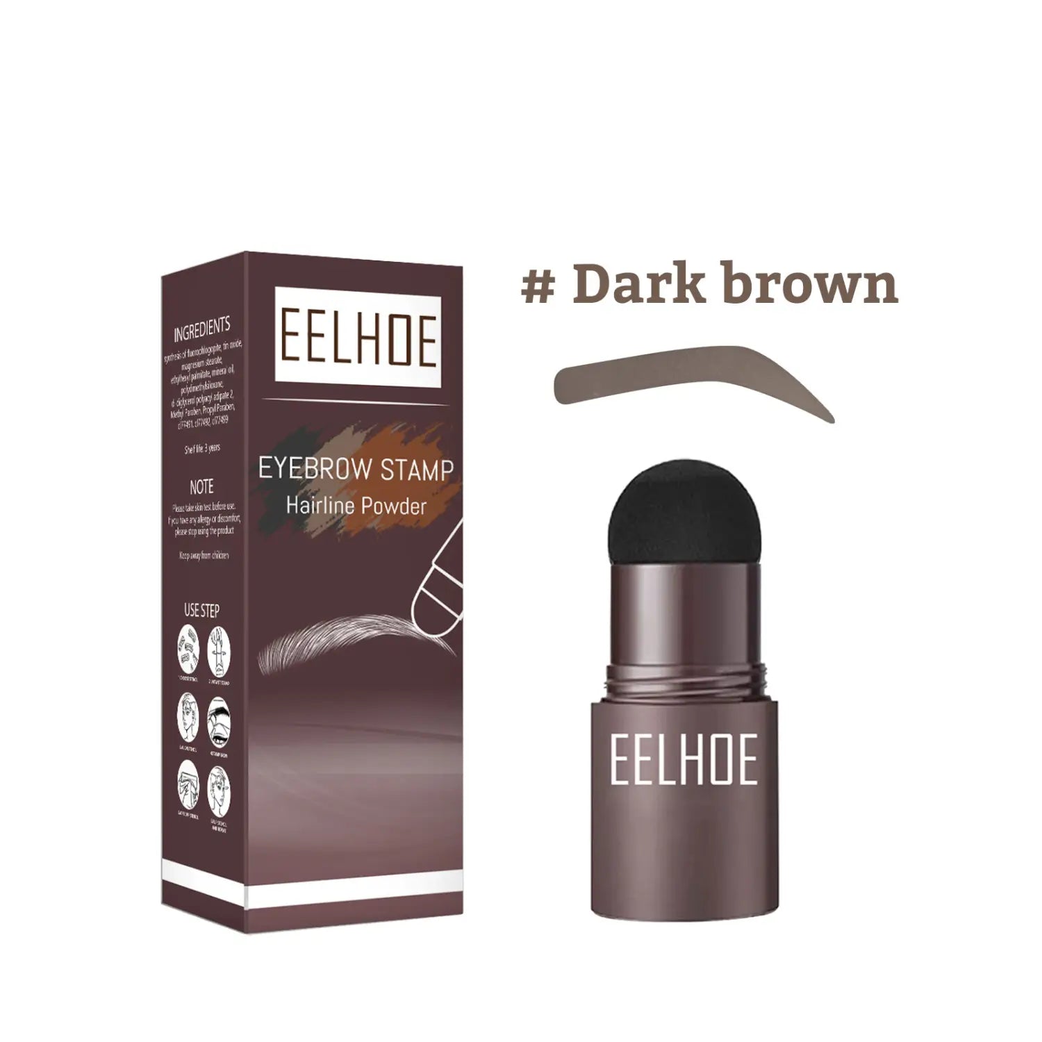 Dark brown eelhoe eyebrow stamp hairline powder stick with black cap featured in an eyebrow powder stencil kit with stamp and pencil for precise eyebrow shaping.