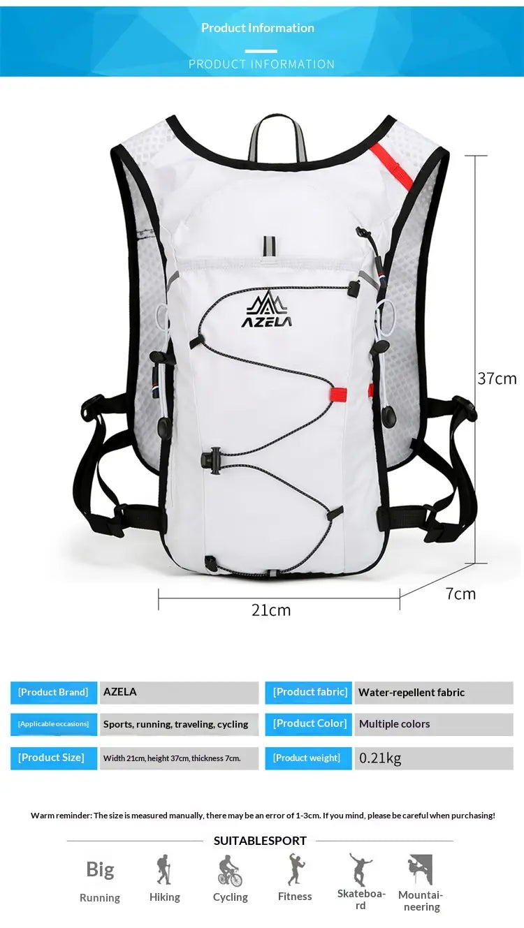 White azela hydration vest with black straps and red accent stripes made of water-repellent fabric designed as a lightweight 20l running vest for hydration.