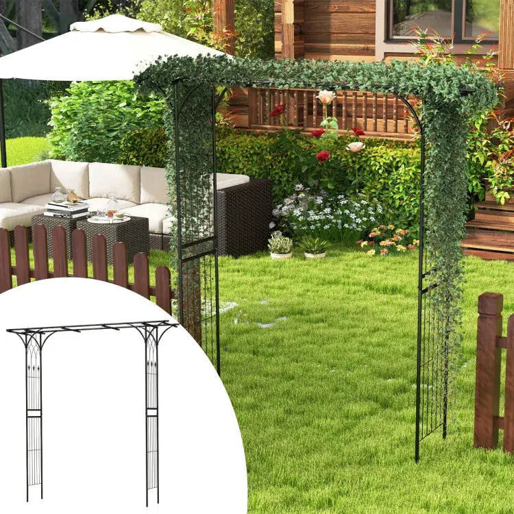 Black metal garden arbor archway 81in covered with artificial green ivy for climbing plants.