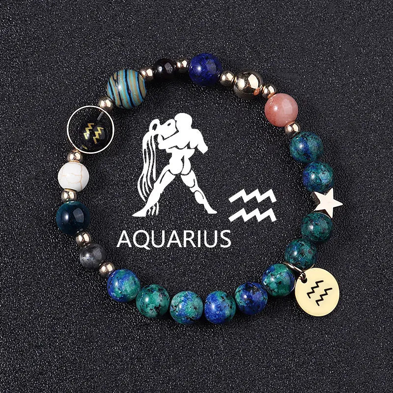 Natural stone zodiac constellation beaded bracelet featuring an aquarius theme with blue green and pink stones metallic accents and zodiac charm pendants.