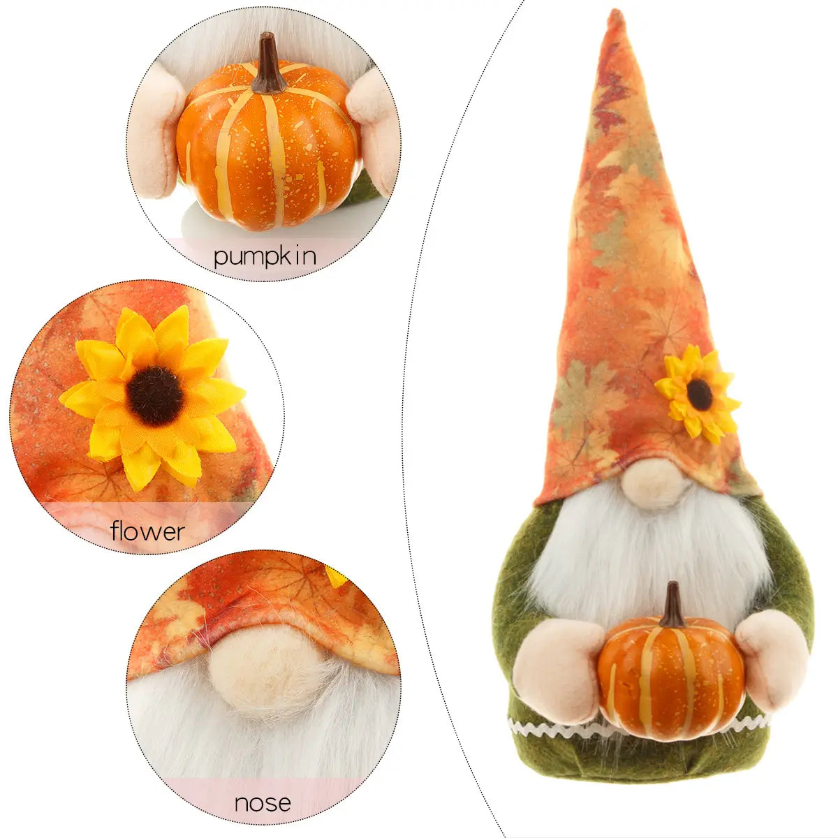 Danksagungs-Gnom-Plüschfigurenset für den Herbst mit einem Herbstkürbis: ein grüner Samtgnom hält einen orangefarbenen Kürbis und trägt eine hohe Mütze mit Blattmuster, die mit einer Sonnenblume verziert ist.