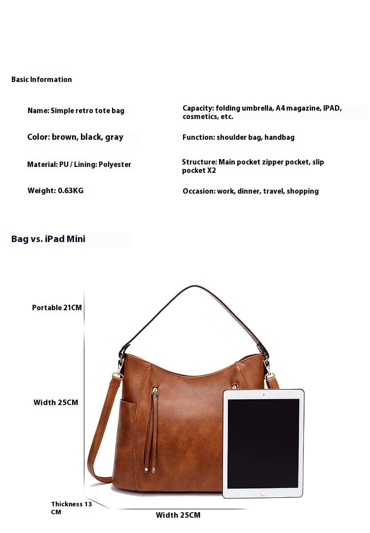 Brown pu leather simple retro tote bag with black and gray accents featuring a shoulder strap and multiple front zipper pockets, designed as a leather hobo bag with tassel.