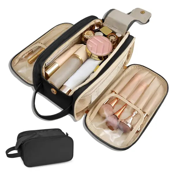 Black travel makeup bag with beige interior compartments and gold-tone hardware made of waterproof PU leather designed for organizing cosmetics and brushes.