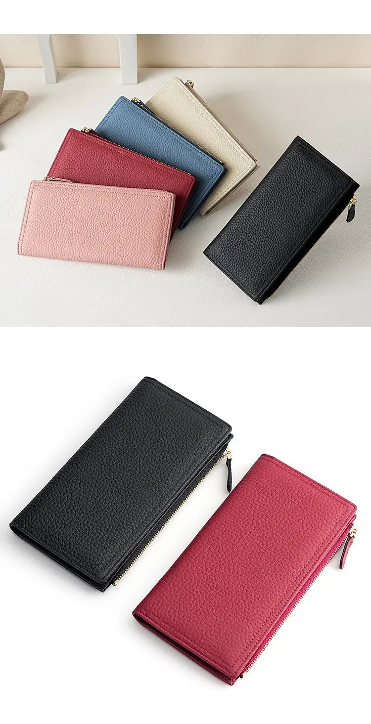 A sleek textured cowhide leather anti theft RFID long zip wallet in black with zipper closure and matching pull tab.