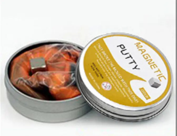 orange magnetic putty in a silver tin container from a magnetic putty stress relief toy 6 color set designed for tactile and stress relief use