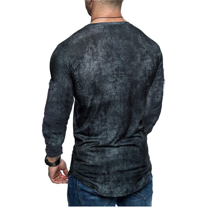 Men’s dark gray long-sleeved distressed textured cotton t-shirt with a slightly curved hem.