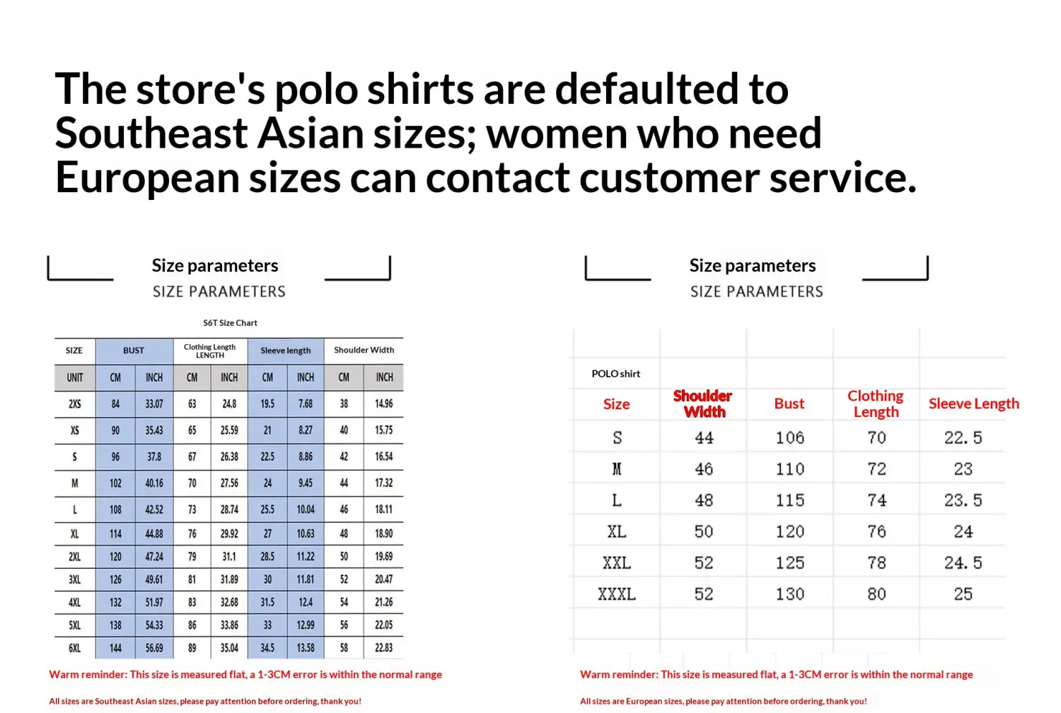 Größentabelle zum Vergleich von Maßen aus Südostasien und Europa für ein Herren-Poloshirt mit Farbblock-Kurzarm.