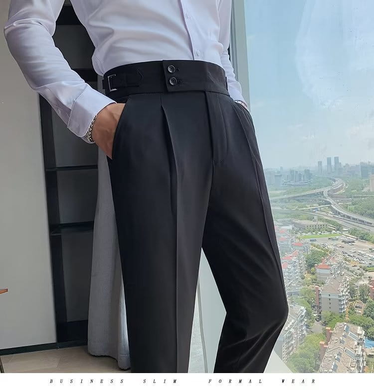 Black slim fit high-waisted formal trousers with pleated front and matching belt featuring two silver toned buttons Korean style slim fit men trousers