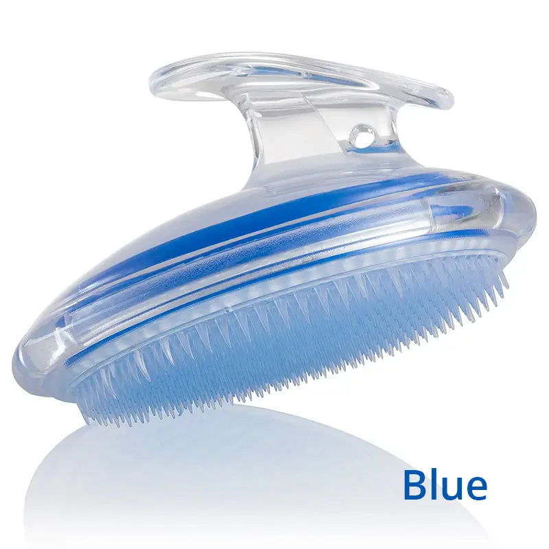 Scalp massage brush exfoliating hair meridian comb with a transparent blue body, curved handle, and soft bristles designed for gentle exfoliation.