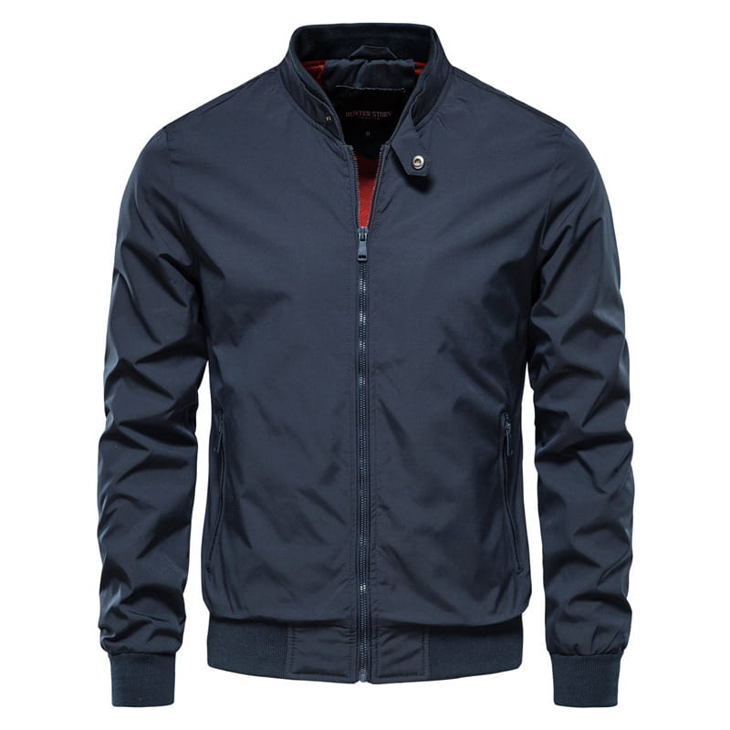 Men’s bomber jacket casual zip outerwear featuring a dark navy color with a red inner lining and silver zipper.