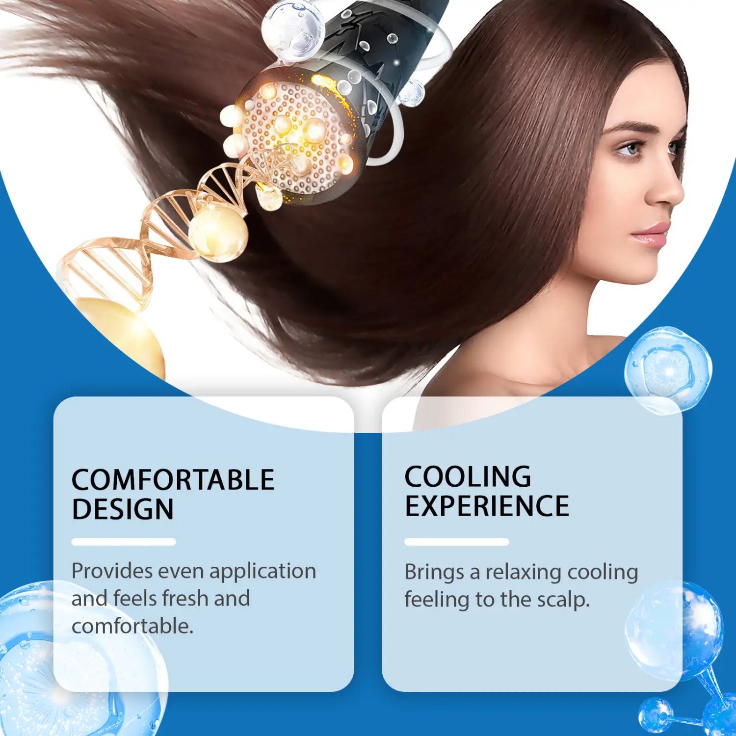A sleek black scalp cooling hair ampoule vitamin B5 repairing essence bottle with a gold-toned DNA helix design and pearl-like accents.