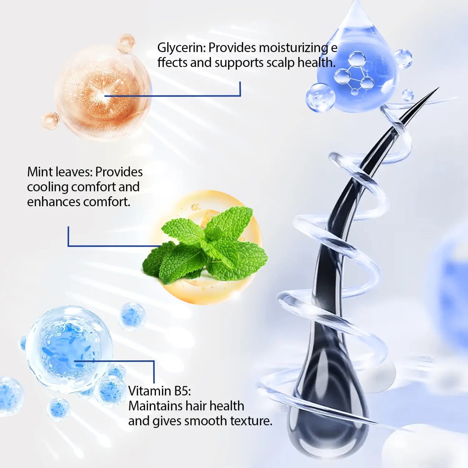 A sleek transparent spiral-shaped scalp cooling hair ampoule dropper with a black tip for vitamin b5 repairing essence.