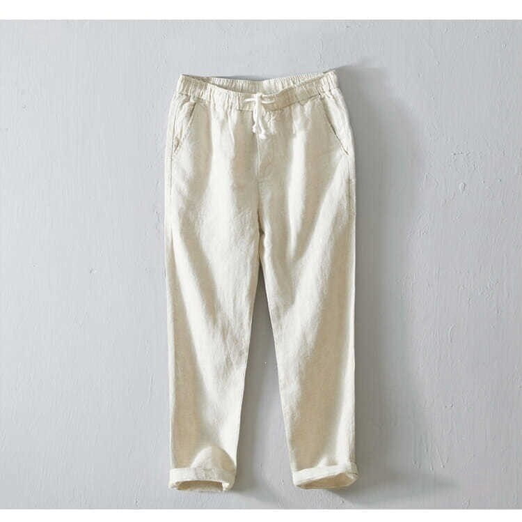 Herren-Casual-Hosen in Übergröße mit geradem Schnitt aus Leinen in Cremefarbe, gefertigt aus locker fallendem Leinen, mit elastischem Bund und Kordelzug.