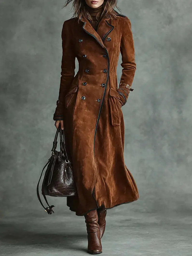 Damen-Suède-Trenchcoat aus kräftigem Braun mit schwarzem Besatz und silberfarbenen Knöpfen, mit doppelreihiger Ausführung und Reverskragen.