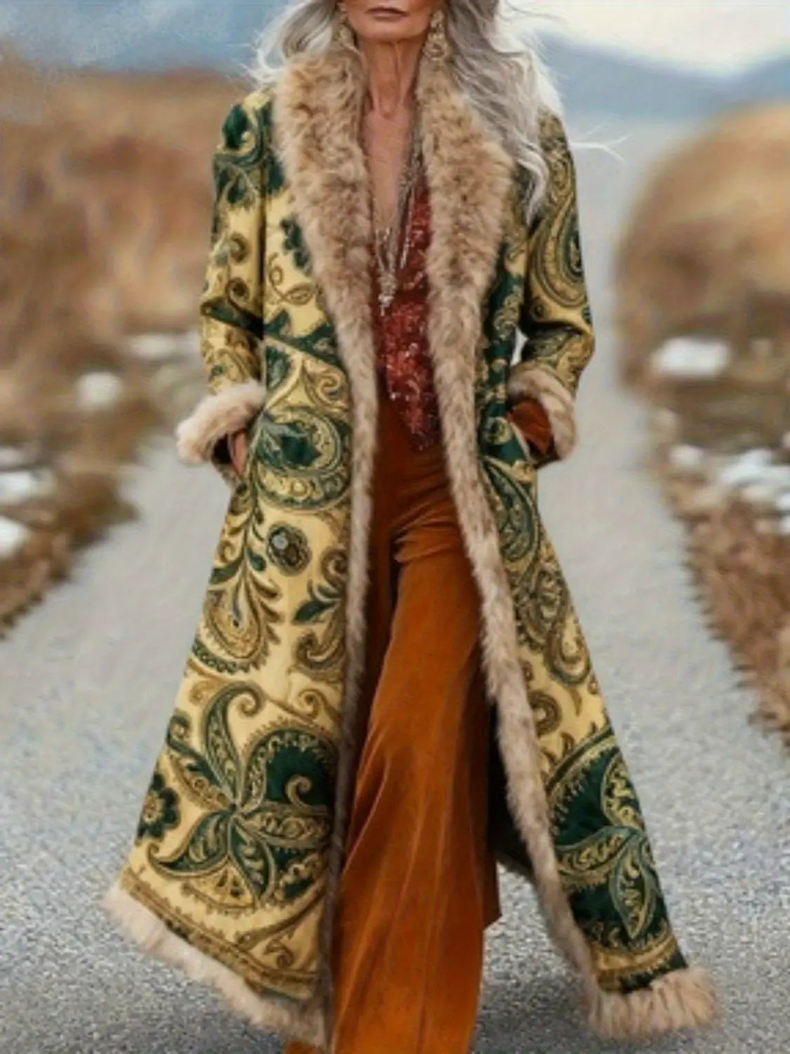 Abrigo de lana para mujer con cuello de piel sintética, que presenta un vibrante estampado paisley en verde y crema y un ribete de piel mullida a lo largo del cuello, los puños y el bajo.