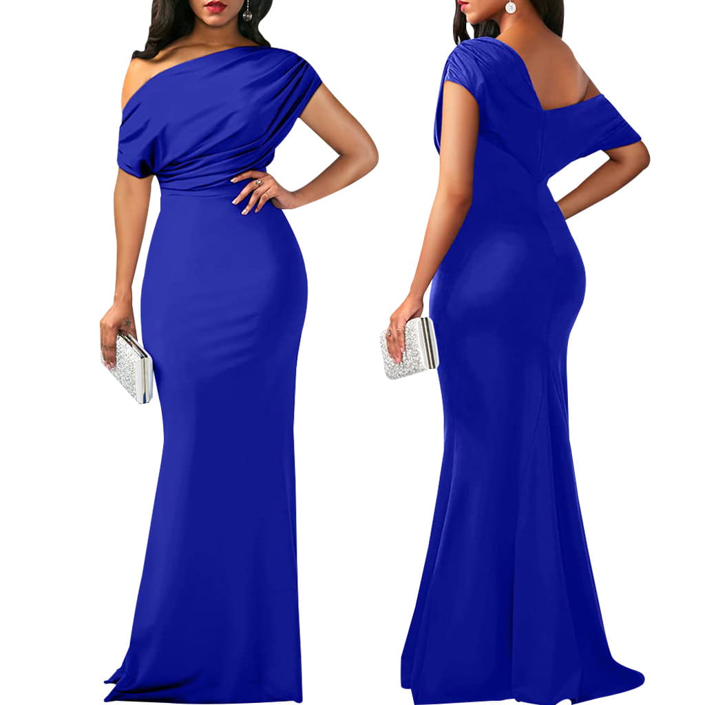 A royal blue off the shoulder mermaid evening gown with a draped bodice and cap sleeves in a form fitting design.