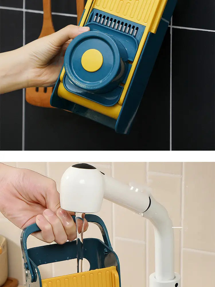 Trancheuse à légumes murale 5 en 1, multi-fonctionnelle, bleu et jaune, avec un cadran circulaire pour un usage polyvalent en cuisine.