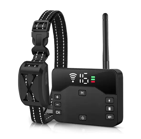 Black wireless dog fence and training collar system IPX6 with a sturdy nylon strap featuring white stitching and a remote control displaying channel 15 on a digital screen