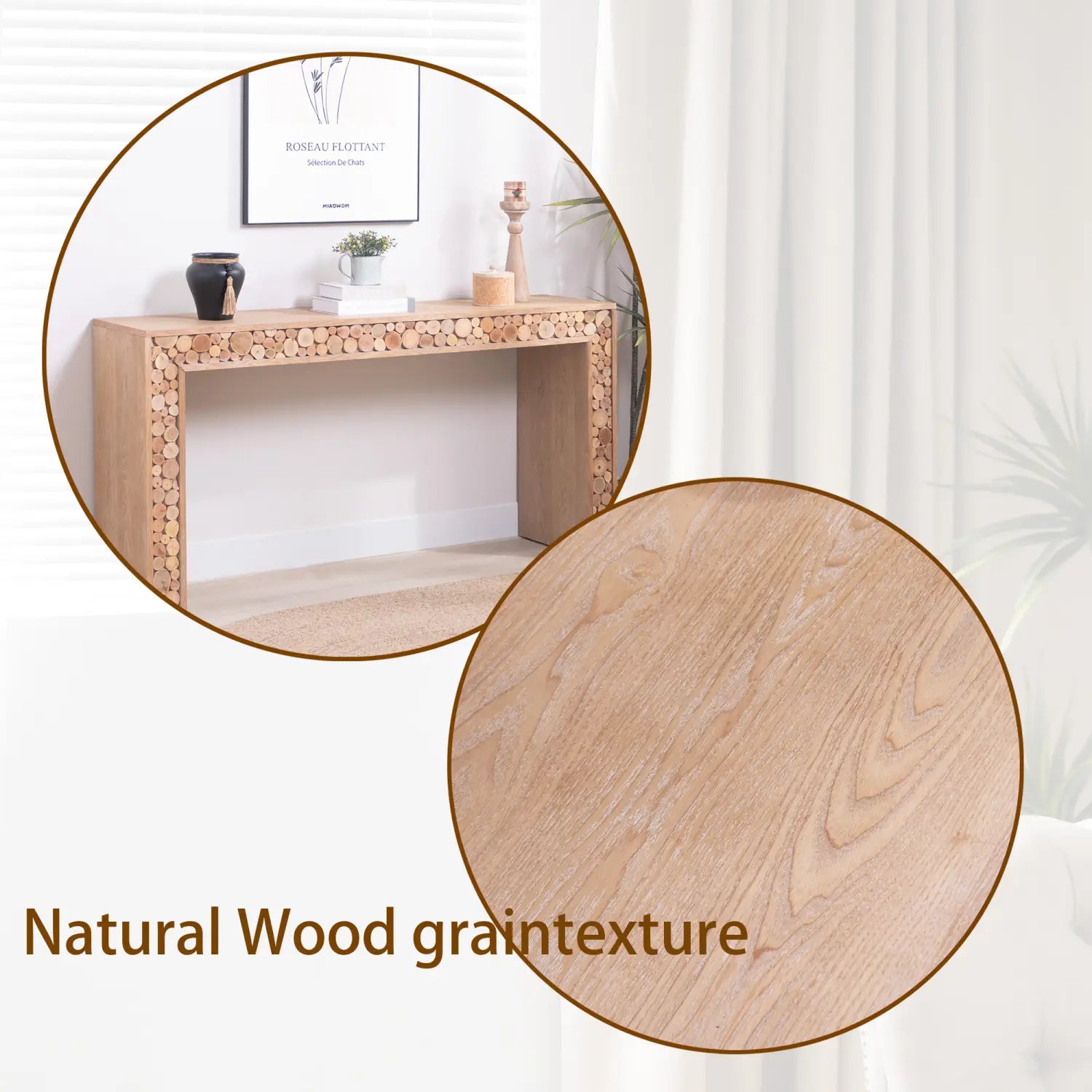 Mesa consola rústica de madera en color claro, con un diseño de borde distintivo elaborado mediante cortes de madera circulares apilados con acentos de troncos naturales.
