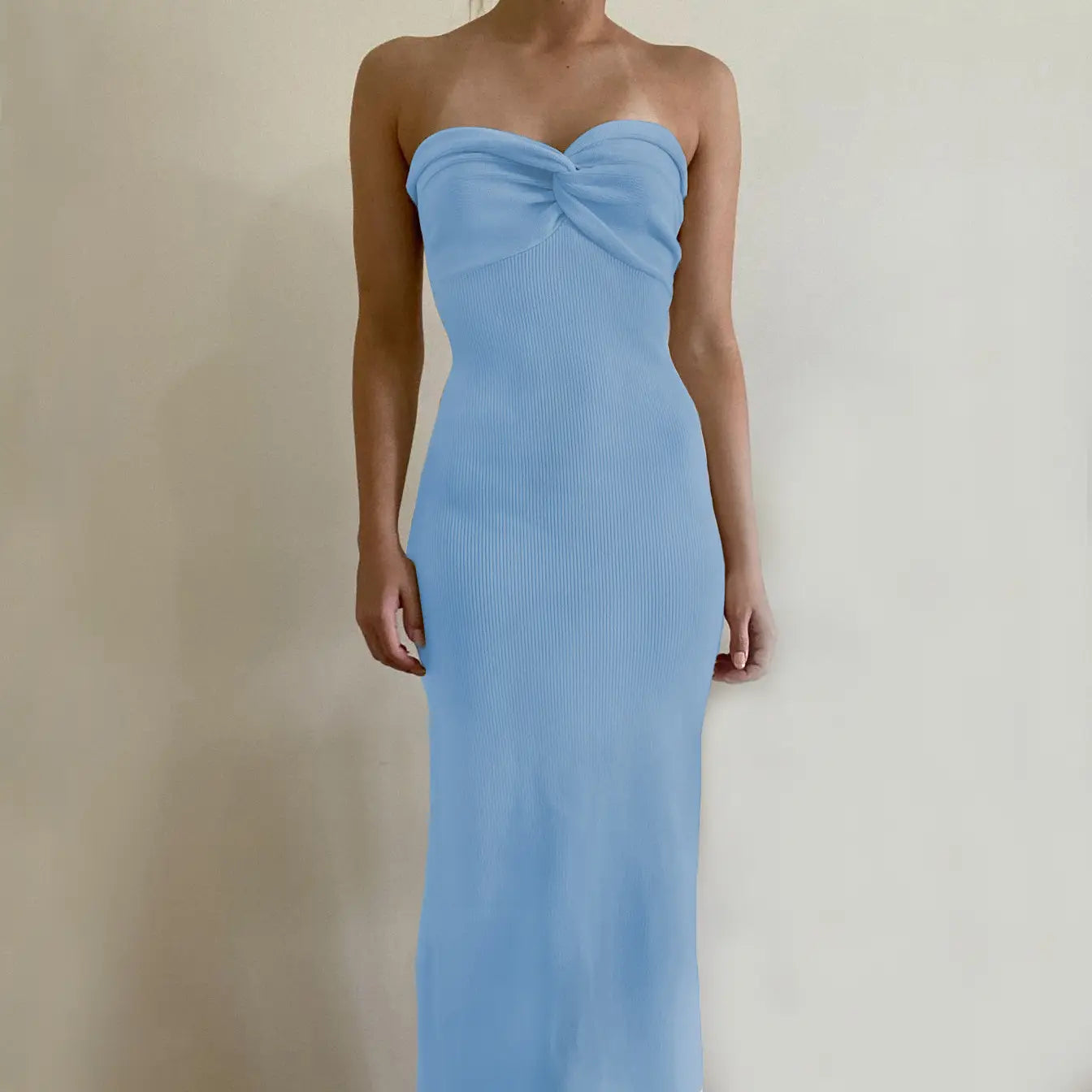 a light blue strapless ribbed knit maxi dress with a sweetheart neckline and a gathered bow detail at the bust titled off shoulder knotted ribbed knit midi dress