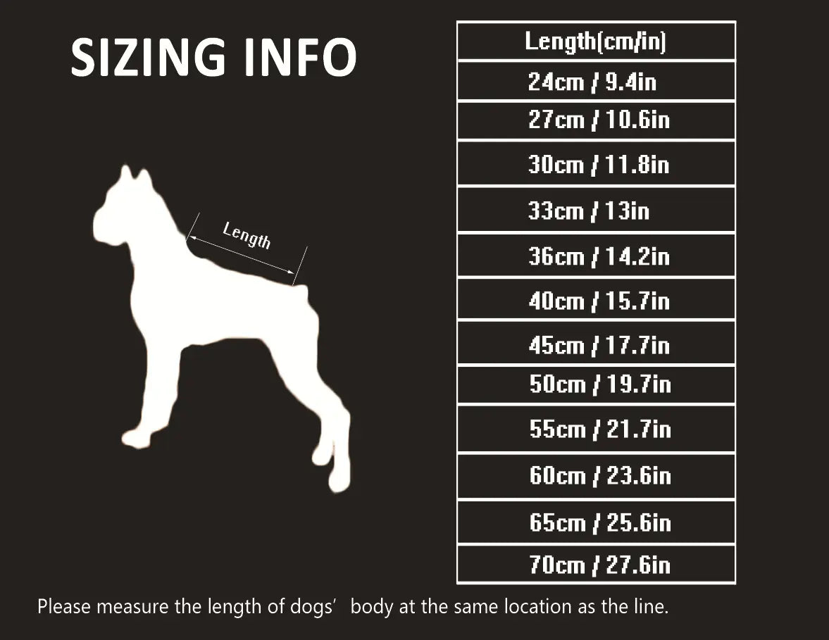 White silhouette of a standing dog depicting the size chart for a led waterproof dog down jacket winter warm.