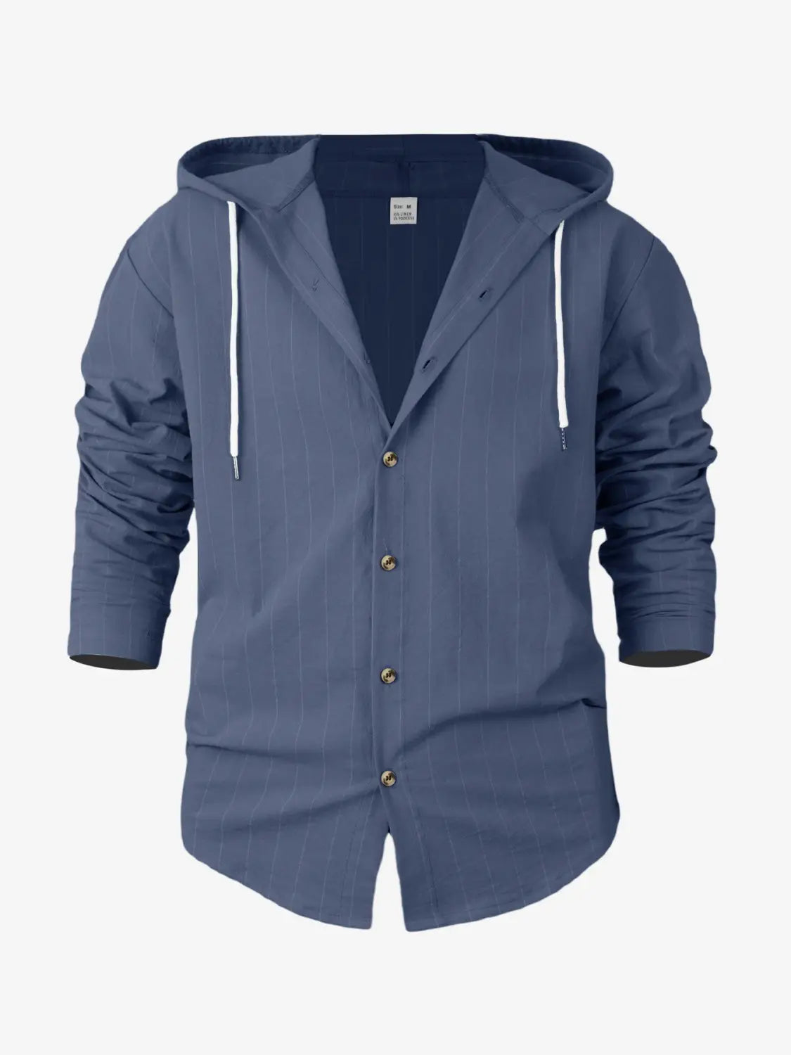 Ein navyblaues Nadelstreifen-Leinenhemd für Herren mit Slim-Fit-Kapuzen-Design, weißen Kordeln und Verschluss mit Knopfleiste.