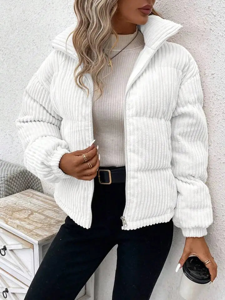 white corduroy puffer jacket plus size women winter coat with hood and ribbed texture shown from the back side