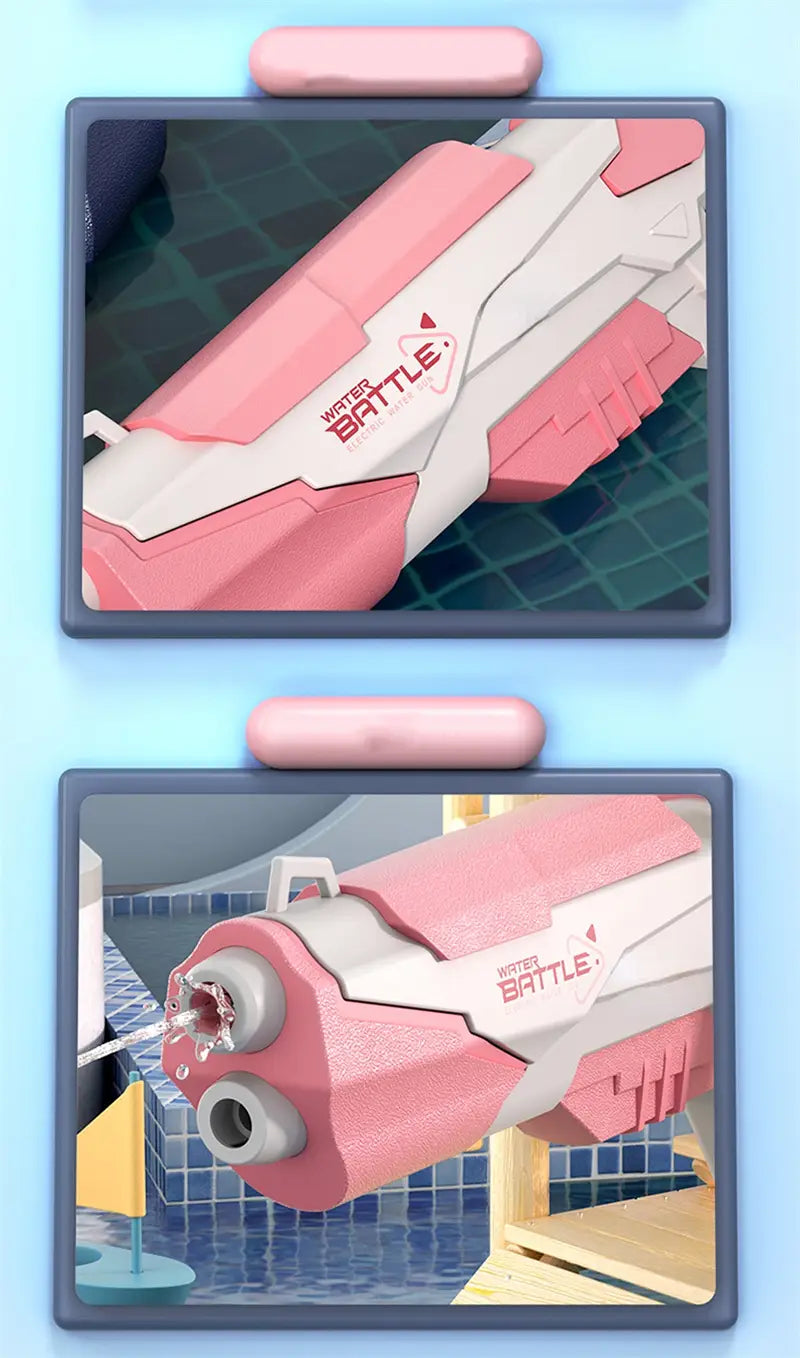 Pink and white plastic electric water gun automatic glock toy for kids with 358ml capacity and water battle branding.