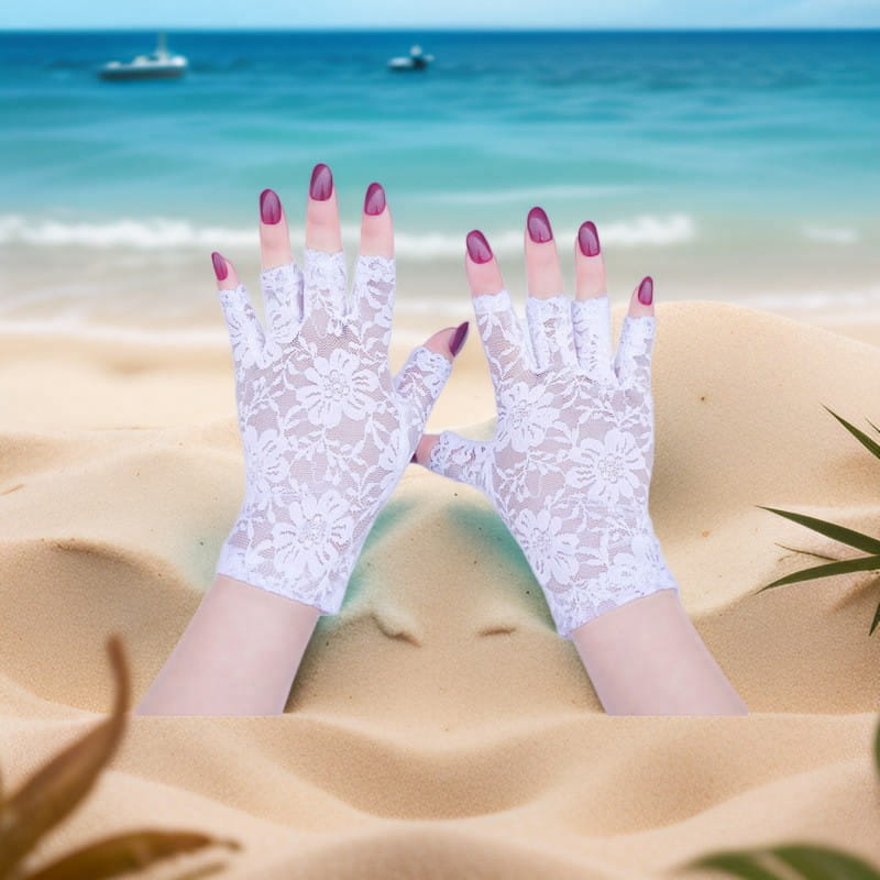 white floral lace fingerless gloves for women featuring a delicate semi-transparent design offering lace sun protection.