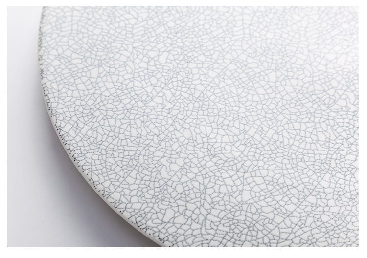 Un plato de cerámica blanco con un delicado patrón de esmalte craquelado de la colección Lucerne Sophie.