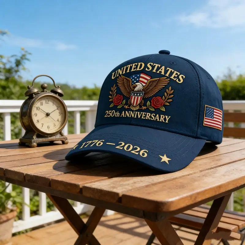 Navy blue Usa 250th anniversary embroidered baseball cap featuring united states 250th anniversary text, an eagle with american flag shield and roses, stars marking the years 1776 to 2026, and a small u.s. emblem.