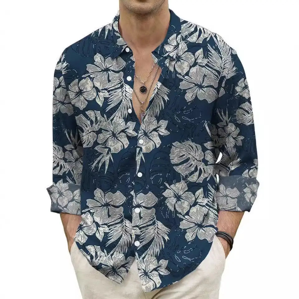 Camisa para hombre azul marino de corte ajustado, abotonada, con estampado tropical floral blanco y gris, y mangas remangadas.